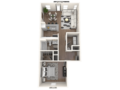 Floor plan for 1 bed, 1 bath, 790 sqft